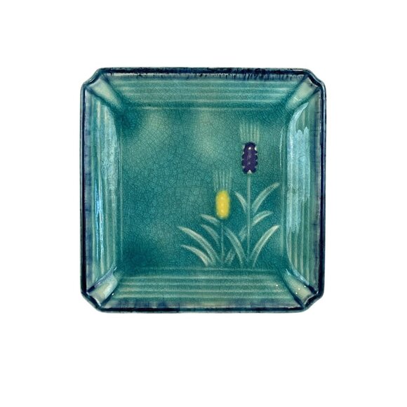 Turquiose Blue Mugi Plate Trinket Dish Small 4.5in Square Flowers Vintage Look J - Picture 1 of 6